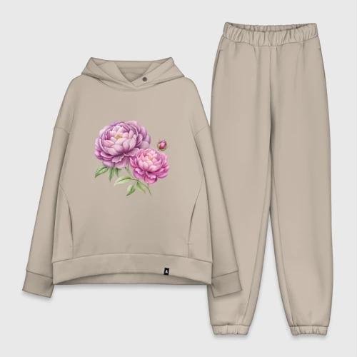 Женский костюм хлопок Oversize Нежно-фиолетовые пионы