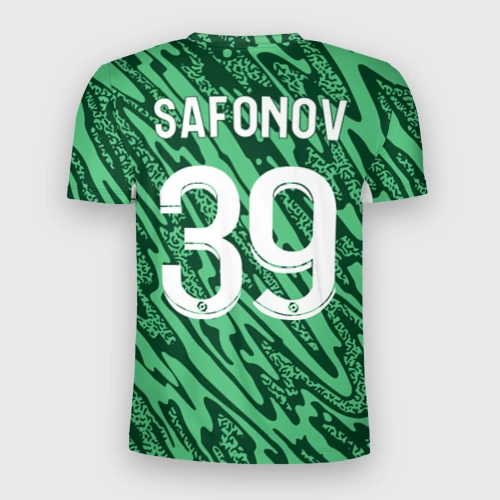 Мужская футболка 3D Slim с принтом Сафонов ПСЖ форма 24/25, вид сзади #1