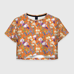 Женская футболка Crop-top 3D Синие стрекозы и ирисы на оранжевом