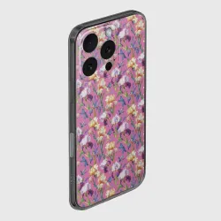 Чехол для iPhone 16 Pro силиконовый с защитой камеры Ирисы и синие стрекоза на розовом - фото 2