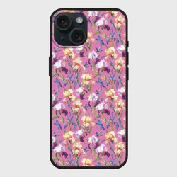 Чехол силиконовый для Apple iPhone 15 матовый Ирисы и синие стрекоза на розовом