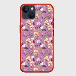 Чехол для iPhone 14 Ирисы и синие стрекоза на розовом