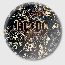 Значок AC DC на фоне викингов рун воронов и черепов 
