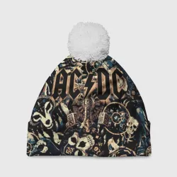 Шапка 3D c помпоном AC DC на фоне викингов рун воронов и черепов 