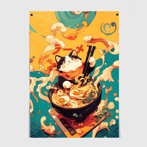 Постер The cat eats ramen