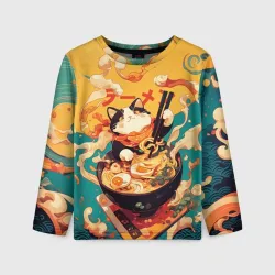 Детский лонгслив 3D The cat eats ramen
