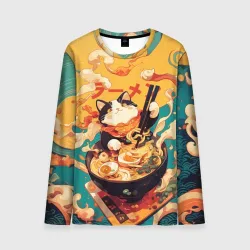 Мужской лонгслив 3D The cat eats ramen