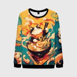 Мужской свитшот 3D The cat eats ramen