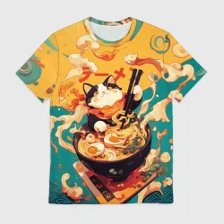 Мужская футболка 3D The cat eats ramen
