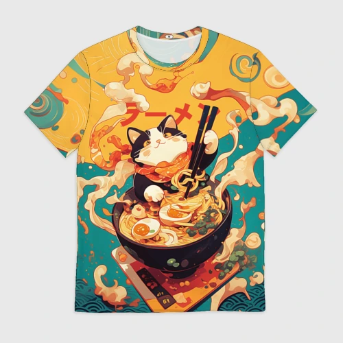 Мужская футболка 3D The cat eats ramen
