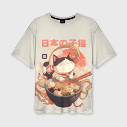 Женская футболка oversize 3D Ramen and the cat