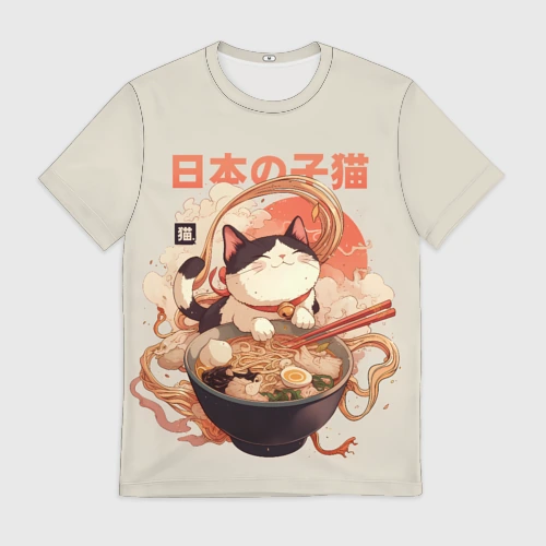 Мужская футболка 3D Ramen and the cat