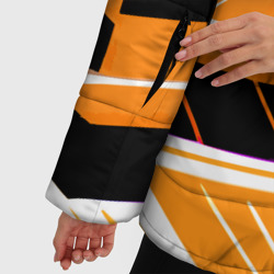 Куртка с принтом Чёрно-белые полосы на оранжевом фоне для женщины, вид на модели спереди №4. Цвет основы: черный