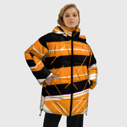 Куртка с принтом Чёрно-белые полосы на оранжевом фоне для женщины, вид на модели спереди №2. Цвет основы: черный