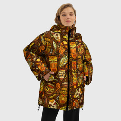 Куртка с принтом Африканские маски - паттерн для женщины, вид на модели спереди №2. Цвет основы: черный