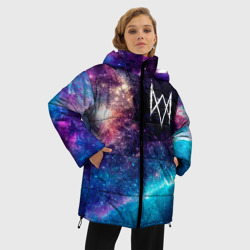 Куртка с принтом Watch Dogs space game для женщины, вид на модели спереди №2. Цвет основы: черный