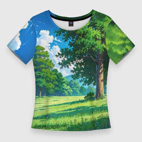 Женская футболка приталенная с принтом Лесной летний пейзаж, вид спереди №1