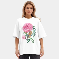 Женская футболка Oversize хлопок premium Ветка пионов - фото 2