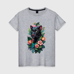 Черная пантера среди цветов – Женская футболка хлопок с принтом купить со скидкой в -20%