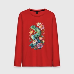 Мужской лонгслив хлопок Зеленый хамелеон среди цветов