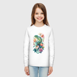Детский лонгслив хлопок Зеленый хамелеон среди цветов - фото 2