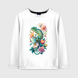 Детский лонгслив хлопок Зеленый хамелеон среди цветов
