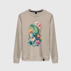 Женский свитшот хлопок Зеленый хамелеон среди цветов