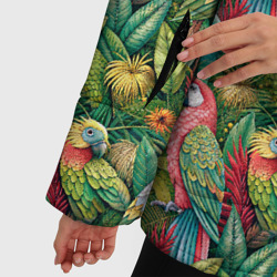 Куртка с принтом Влюбленные попугаи в листьях для женщины, вид на модели спереди №4. Цвет основы: черный