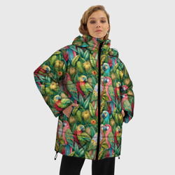 Куртка с принтом Влюбленные попугаи в листьях для женщины, вид на модели спереди №2. Цвет основы: черный