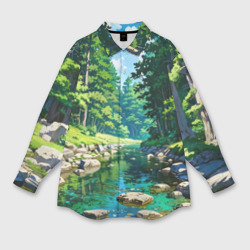 Лесной пейзаж у ручья  – Женская рубашка oversize 3D с принтом купить