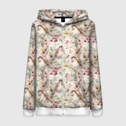 Женская толстовка 3D на молнии Воробьи на ветке с ягодами