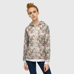 Женская толстовка 3D на молнии Воробьи на ветке с ягодами - фото 2