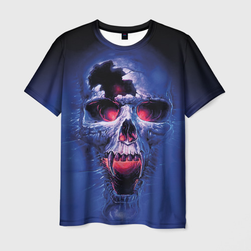 Мужская футболка с принтом Череп разъяренный кричащий - blue skull, вид спереди №1