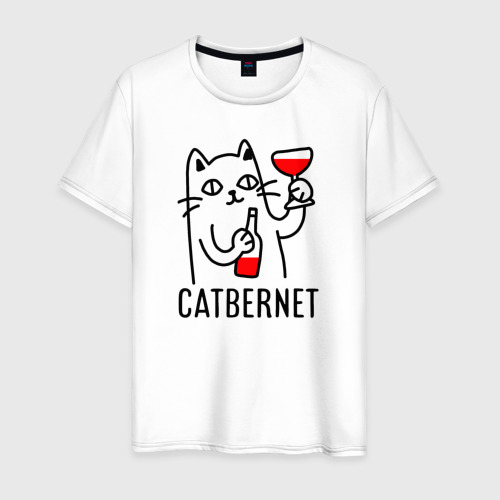 Мужская футболка из хлопка с принтом Catbernet - кот сомелье, вид спереди №1