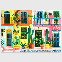 Разноцветные дома и кактусы – Поздравительная открытка с принтом купить