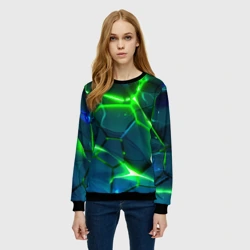 Женский свитшот 3D Неоновые яркие зеленые разломленные плиты со светом - фото 2