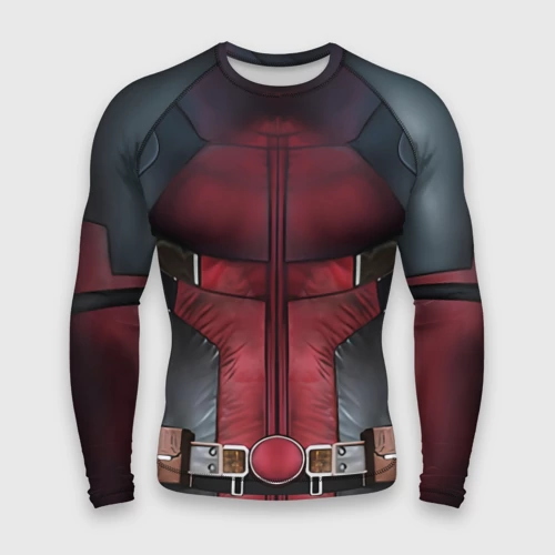 Мужской рашгард 3D с принтом Red costume top как у Дедпул, вид спереди #2