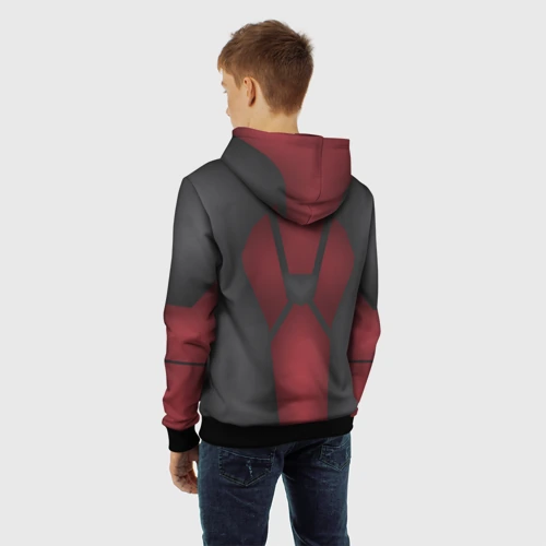Детская толстовка 3D с принтом Красно черный верх костюма Дедпула, вид сзади #2