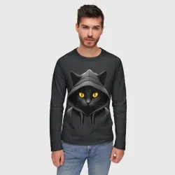Мужской лонгслив 3D Кот-хакер в капюшоне - фото 2