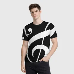 Мужская футболка 3D Скрипичный и басовый ключи - белые на чёрном - фото 2