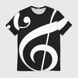 Мужская футболка 3D Скрипичный и басовый ключи - белые на чёрном