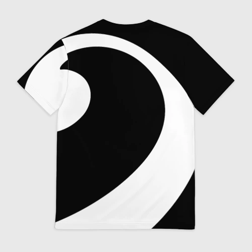 Мужская футболка 3D с принтом Скрипичный и басовый ключи - белые на чёрном, вид сзади #1