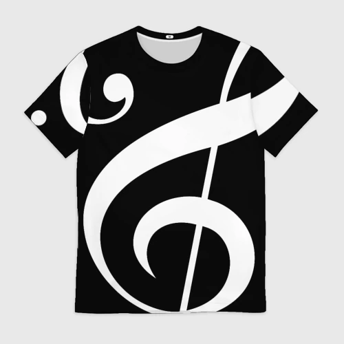 Мужская футболка 3D с принтом Скрипичный и басовый ключи - белые на чёрном, вид спереди #2