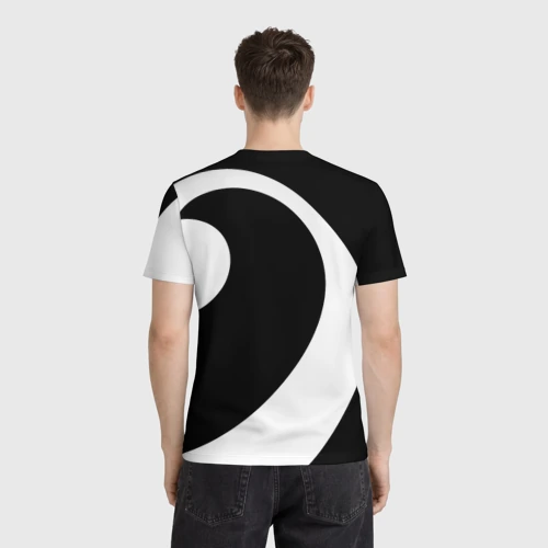 Мужская футболка 3D с принтом Скрипичный и басовый ключи - белые на чёрном, вид сзади #2