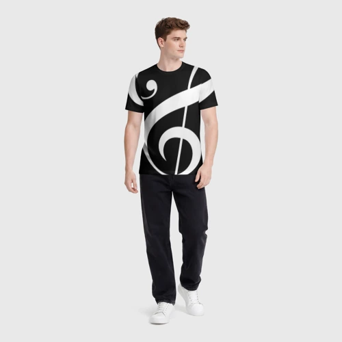 Мужская футболка 3D с принтом Скрипичный и басовый ключи - белые на чёрном, вид сбоку #3