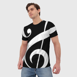 Мужская футболка 3D Скрипичный и басовый ключи - белые на чёрном - фото 2