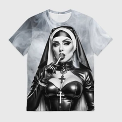 Мужская футболка 3D Пошлая монахиня с чупа чупсом