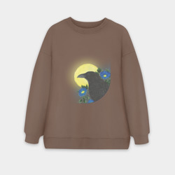 Женский свитшот oversize без начеса хлопок Чёрный ворон на ветке под луной