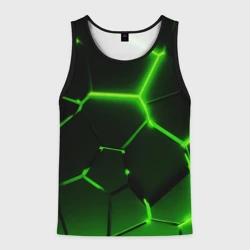 Мужская майка 3D Темные зеленые неоновые плиты в разломе