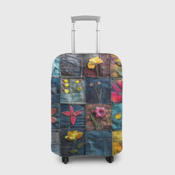 Чехол для чемодана 3D Цветочки на пэчворк дениме